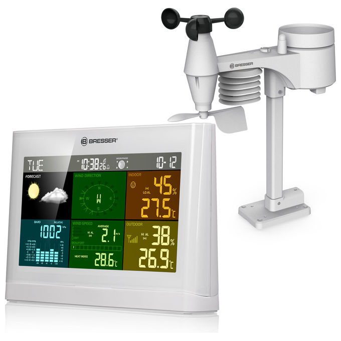 Bresser 7002550GYE000 Stazione Meteo 5 in 1 Comfort con Misurazione Temperatura Umidita' Vento e Precipitazioni Retroilluminazione LED Previsione 12 Ore Memoria 24 Ore colore Bianco