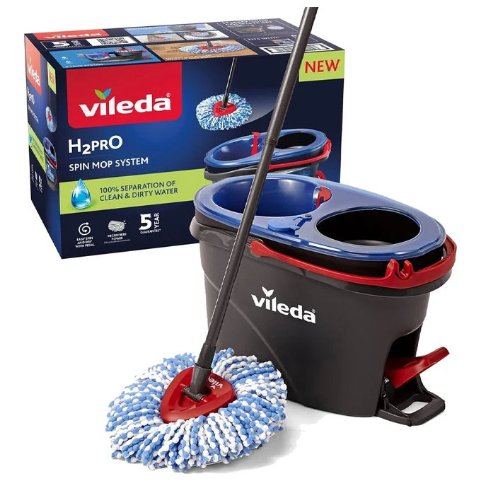Vileda 4023103254237 H2Pro Spin Mop Sistema Lavapavimenti con Tecnologia Doppio Serbatoio Microfibra Strizzatura a Pedale Piastra Triangolare per Angoli Colore Nero Blu Rosso