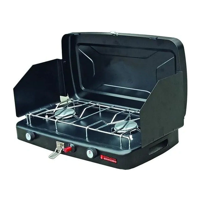 Sandri Garden 78555-20 Florida Fornello a Gas Portatile 2 Fuochi 2x1,2 kW Accensione Piezoelettrica Bruciatori in Acciaio Inox Griglia Cromata colore Nero
