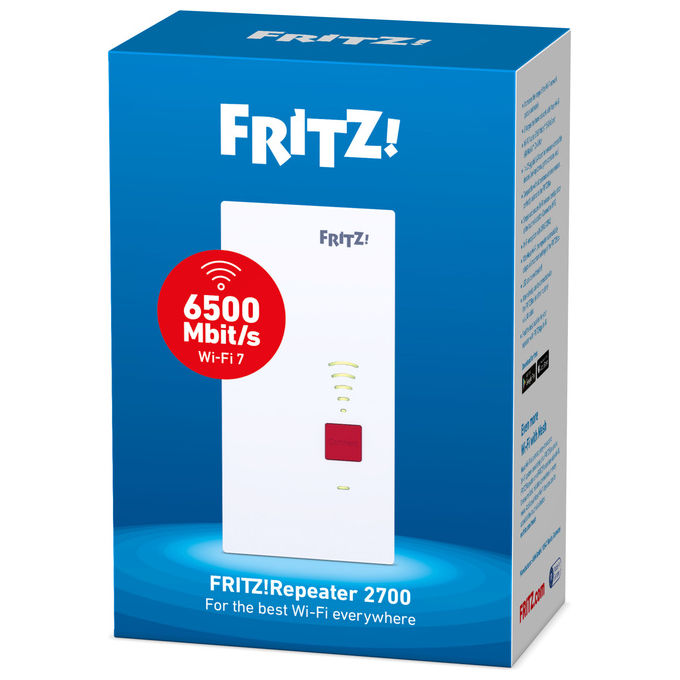 AVM 20003140 FRITZ!Repeater 2700 Range Extender Wi-Fi 7 Mesh Dual Band 6500 Mbit-s LAN 2.5 Gbit-s WPA3 WPA2 colore Bianco