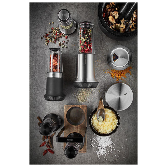Gefu G-34642 X-Plosion Set di macina sale e pepe con meccanismo in ceramica regolabile e vassoio colore Nero