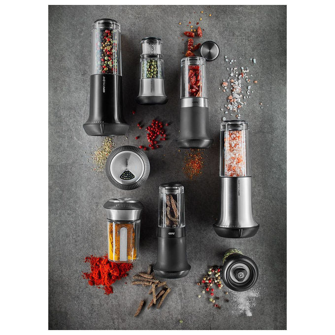 Gefu G-34642 X-Plosion Set di macina sale e pepe con meccanismo in ceramica regolabile e vassoio colore Nero