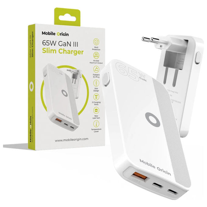 Mobile Origin GAN-65W-SLM-WHT Caricabatterie Universale con GaN 65W 2 Porte USB-C 1 Porta USB-A Ricarica Rapida colore Bianco