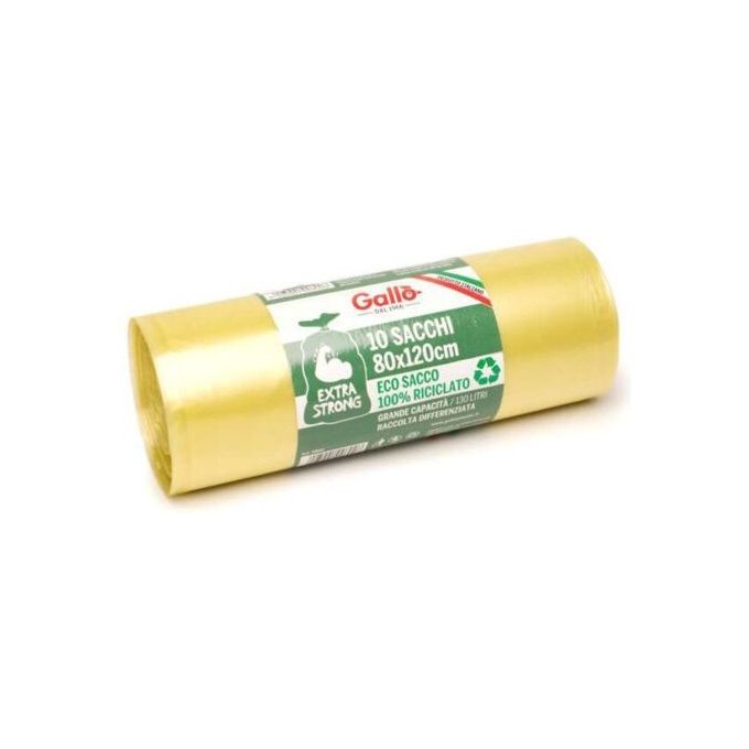 Gallo 8003991008026 Sacco Immondizia con Legacci 80x120 cm 10 Pezzi 100% Riciclato Fondo Tenuta Liquidi colore Giallo