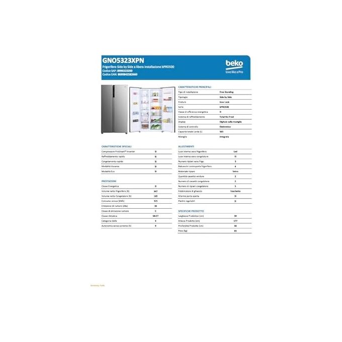 Beko GNO5323XPN Frigorifero Side by Side 532 L 177 cm Classe D 39 dB Total No Frost ProSmart Inverter colore Inox