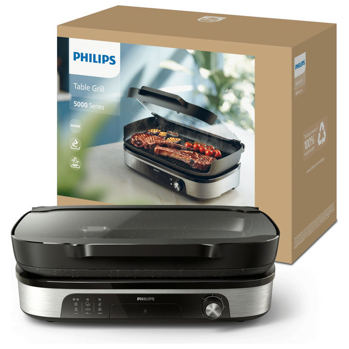 Philips HD6212-90 Griglia Elettrica da Tavolo 2400 W Affumicatore Infusore Aromi Piastre Maifan 1250 cm² colore Nero