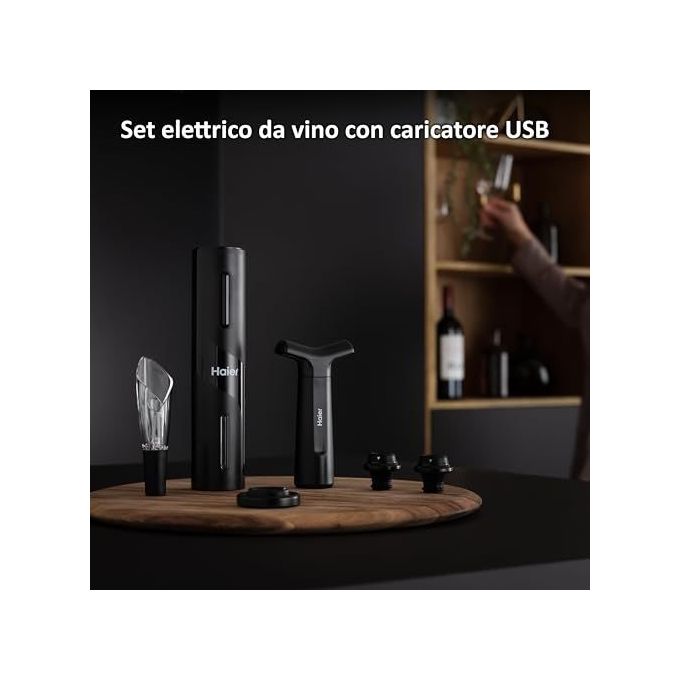 Haier HAWUKIT06 Set da Vino Elettrico 6 in 1 Ricaricabile USB Apribottiglie Aeratore Tagliacapsule Pompetta Sottovuoto 2 Tappi colore Nero