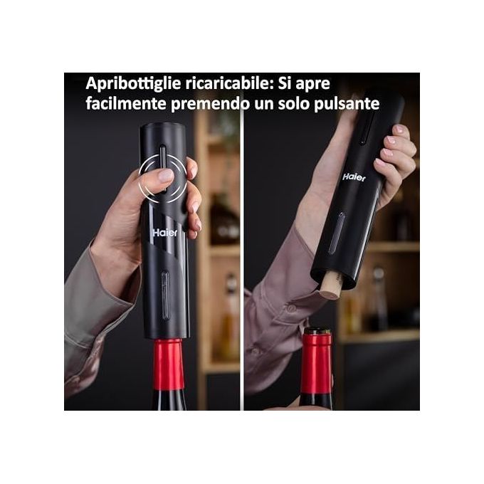 Haier HAWUKIT06 Set da Vino Elettrico 6 in 1 Ricaricabile USB Apribottiglie Aeratore Tagliacapsule Pompetta Sottovuoto 2 Tappi colore Nero
