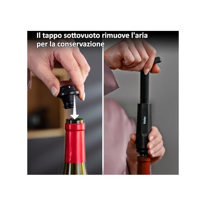 Haier HAWUKIT06 Set da Vino Elettrico 6 in 1 Ricaricabile USB Apribottiglie Aeratore Tagliacapsule Pompetta Sottovuoto 2 Tappi colore Nero