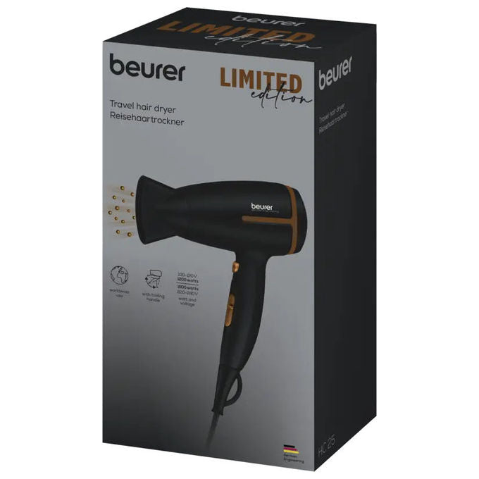 Beurer HC25 Limited Edition Cherry Asciugacapelli da Viaggio 1600W Tecnologia Ionica Doppia Tensione Manico Pieghevole colore Nero