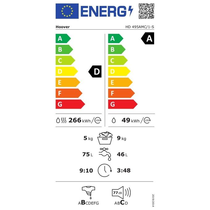 Hoover HD 495AMC-1-S H-WASH DRY 500 Lavasciuga Frontale 9-5 Kg 1400 rpm Classe D Motore Inverter Vapore Wi-Fi Bluetooth (85x60x53 cm) colore Bianco