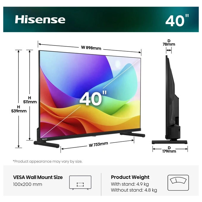 Hisense 40A59S, tv qled full hd 40 pollici, smart tv, sintonizzatore sat, classe energetica e