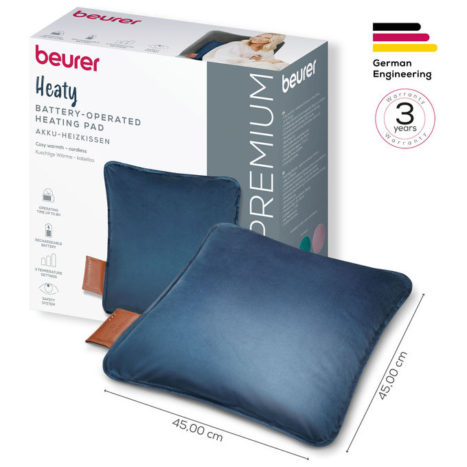 Beurer HK77 Heaty Cuscino Riscaldante Senza Fili 45x45 cm 3 Livelli Temperatura Spegnimento Automatico colore Blu
