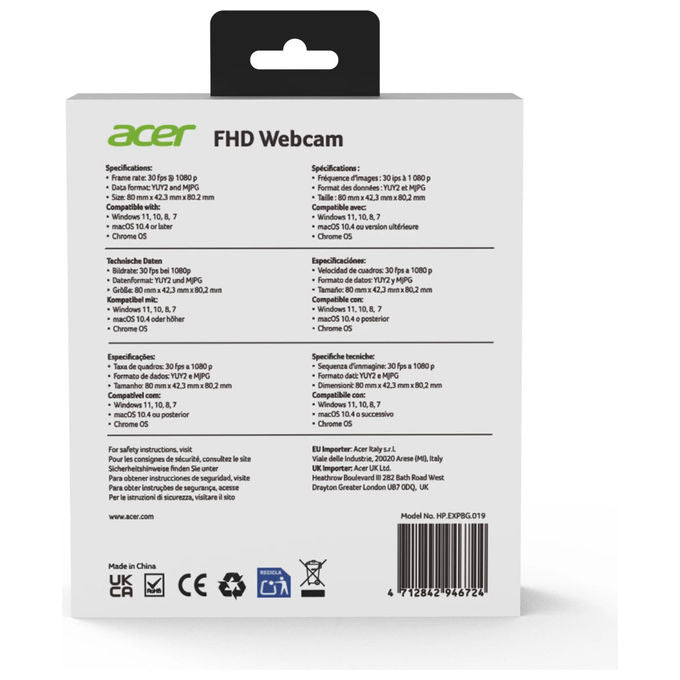 Acer Webcam FHD, USB 2.0, 1920x1080 Pixel, Con Microfono, Nero