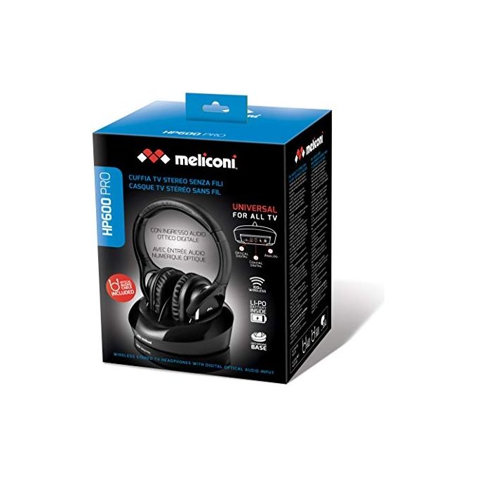 Meliconi HP600 PRO Cuffia TV Wireless a Padiglione RF 100 m Ingresso Ottico Digitale Base di Ricarica 8 h colore Nero