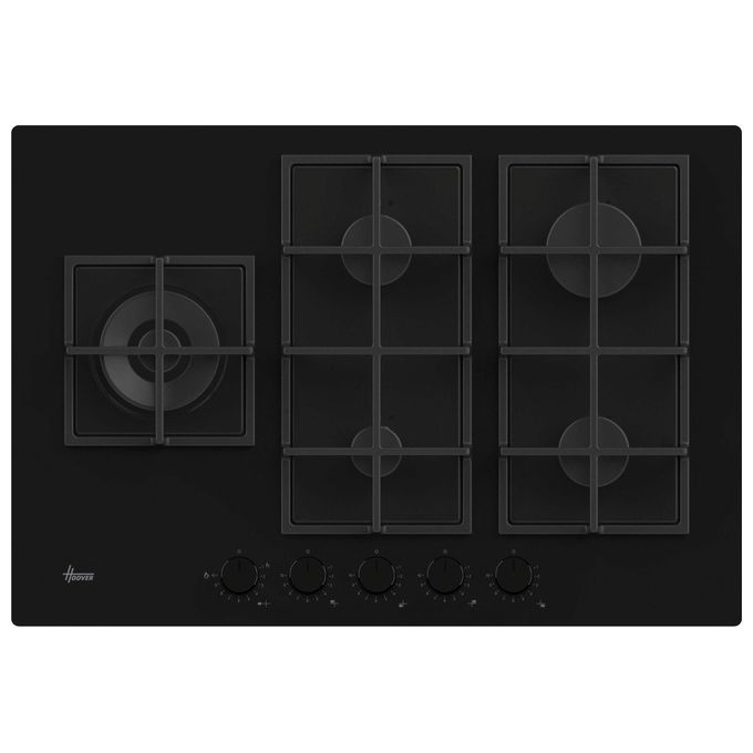 Hoover H-HOB 500 GAS HVG7WL4WC5B, Piano Cottura a Gas da Incasso, 74.5 cm, Vetro Temperato Nero, 5 Fuochi