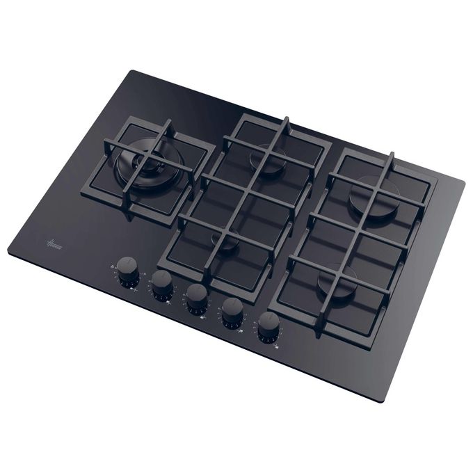 Hoover H-HOB 500 GAS HVG7WL4WC5B, Piano Cottura a Gas da Incasso, 74.5 cm, Vetro Temperato Nero, 5 Fuochi