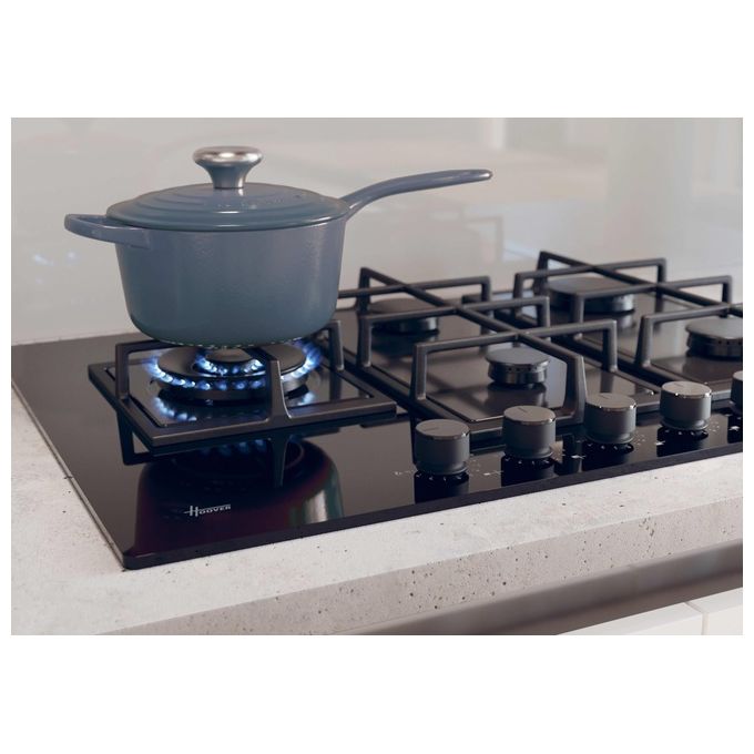 Hoover H-HOB 500 GAS HVG7WL4WC5B, Piano Cottura a Gas da Incasso, 74.5 cm, Vetro Temperato Nero, 5 Fuochi