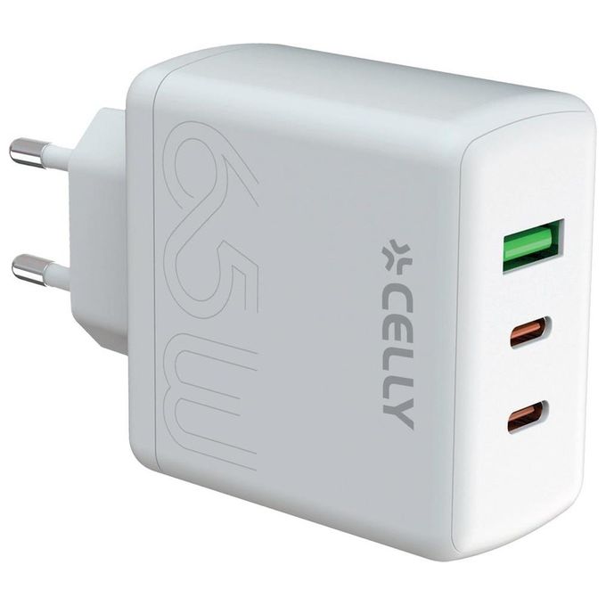 Celly Caricabatterie GaN 65W 2xUSB-C 1xUSB-A Bianco