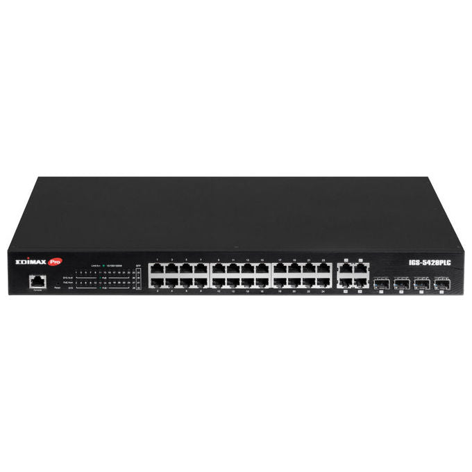 Edimax IGS-5428PLC Switch Industriale Gestito L2, 24 porte Gigabit PoE+ 30W, 4 slot SFP combo, 56 Gbit-s, rack 1U, colore Nero