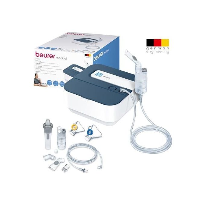 Beurer IH 28 Pro (60374) Aerosol ad aria compressa 035 ml-min ampolla standard set accesori (maschere adulti-bambini doccia nasale tubi filtri) 58-59 dB uso pediatrico e adulti alimentazione a rete Grigio-Bianco