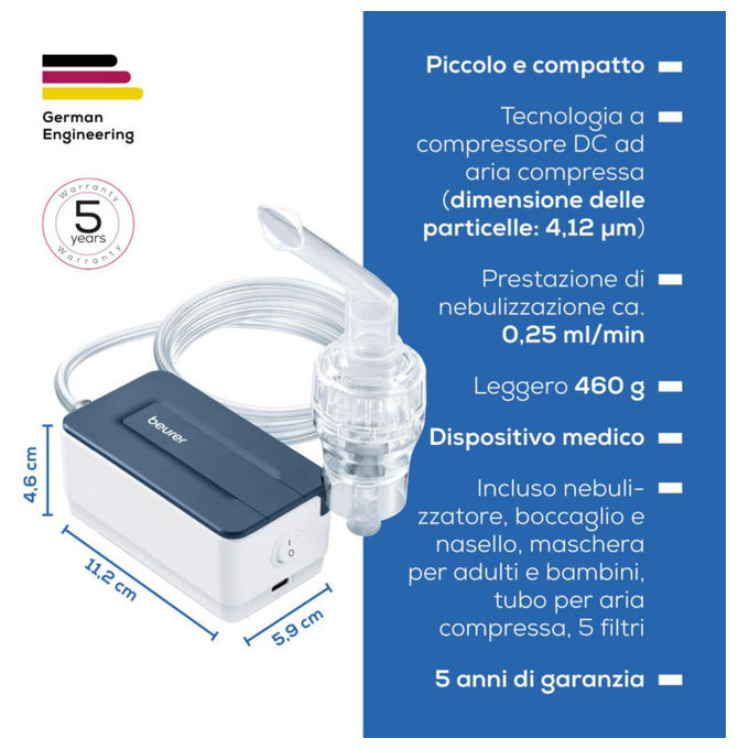 Beurer IH15 Aerosol a Compressore DC Nebulizzatore vie respiratorie superiori e inferiori 55 dB con accessori