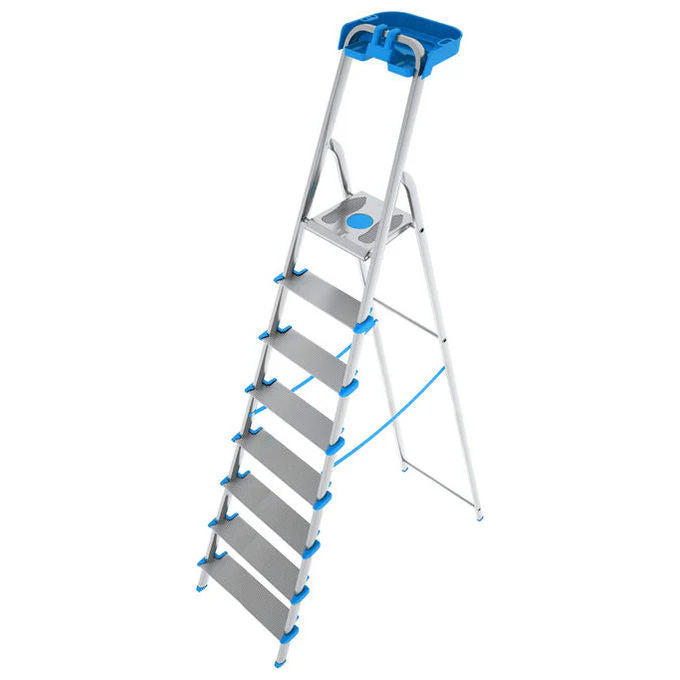 Colombo S112A08P Atlantica Scala a Gradini 8 Gradini Alluminio Extra Large 12 cm Piattaforma Antiscivolo Vaschetta Portautensili 150 Kg EN131 TÜV-GS Made in Italy
