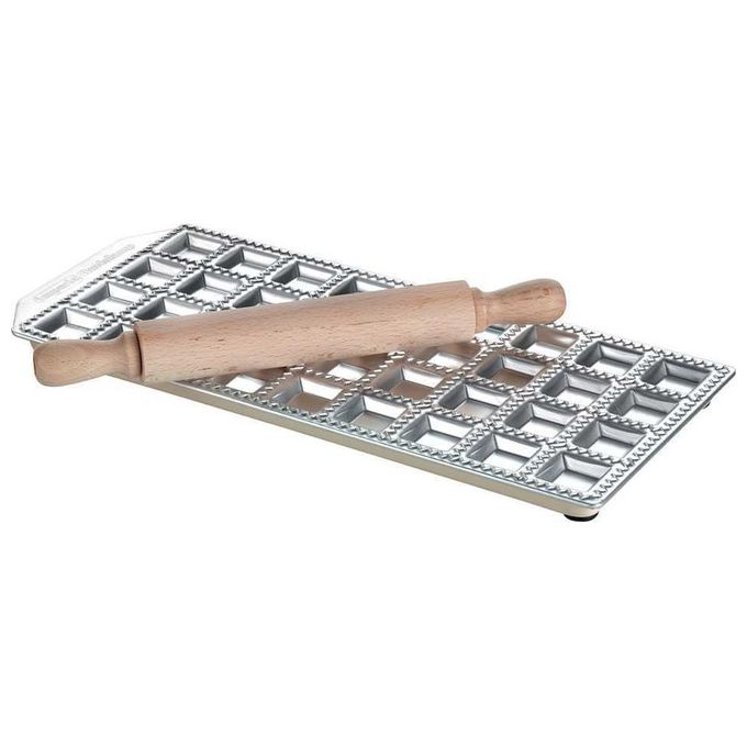 Imperia 7302 RavioChef 48 Stampo per Ravioli in Alluminio e Acciaio con Mattarello in Legno 48 pezzi colore Silver