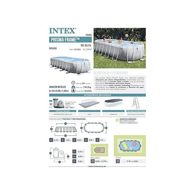 Intex Piscina 26798 Prisma Metal Frame Ovale con Filtro A3, dimensioni 610x305x122 cm