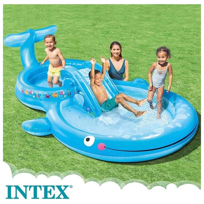 Intex 57176NP Play Center Balena Parco Giochi Gonfiabile con Scivolo e Spruzzino 373x234x99 cm colore Blu