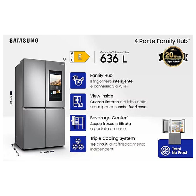 Samsung RF65DG9H0ESREF Family Hub Frigorifero 4 Porte 636 L 183 cm Classe E 37 dB Total No Frost Wi-Fi colore Inox Spazzolato