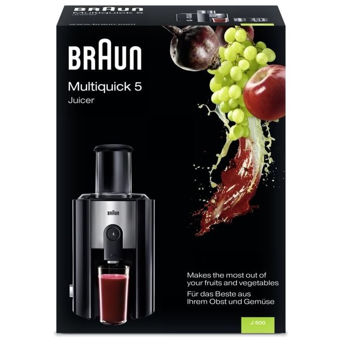 Braun MULTIQUICK5 Centrifuga J500 con Sistema di CENTRIFUGAZIONE RAPIDA in 15 secondi Ampio Accesso da 75mm Vaschetta per polpa 2L; Sistema Antigoccia Sistema di Sicurezza a 4 Vie FILTRO IN ACCIAIO