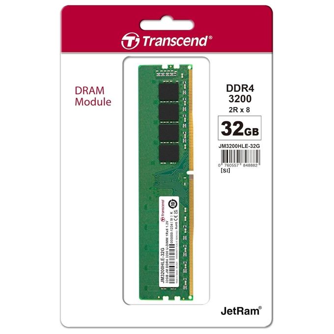 Transcend JM3200HLE-32G JetRAM Modulo di Memoria RAM DDR4 32GB 3200MHz UDIMM 288pin CL22 1.2V Non ECC