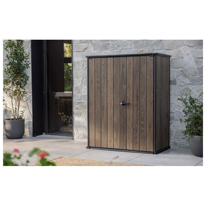 Keter 259072 Vertical Porta Attrezzi da Esterno 1400 L Effetto Legno Noce colore Noce