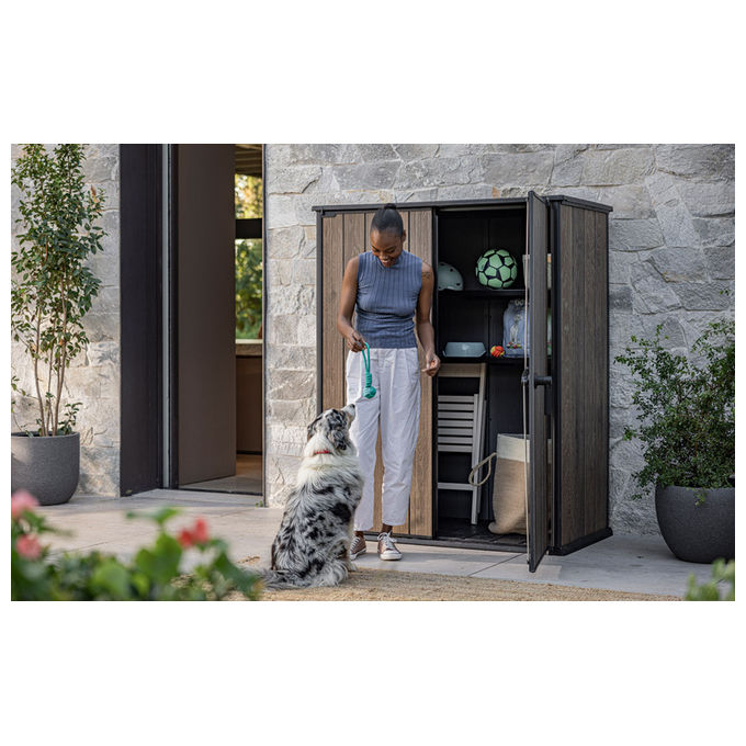 Keter 259072 Vertical Porta Attrezzi da Esterno 1400 L Effetto Legno Noce colore Noce