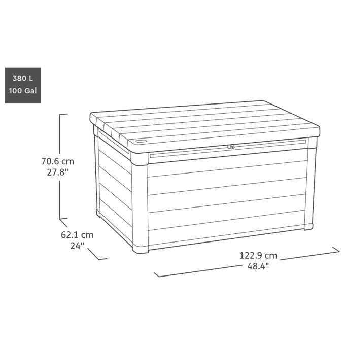 Keter 259133 Deco 100G Baule da Giardino Capacita' 380 Litri Apertura con Pistoni Seduta per Due Adulti Finitura Effetto Legno colore Noce