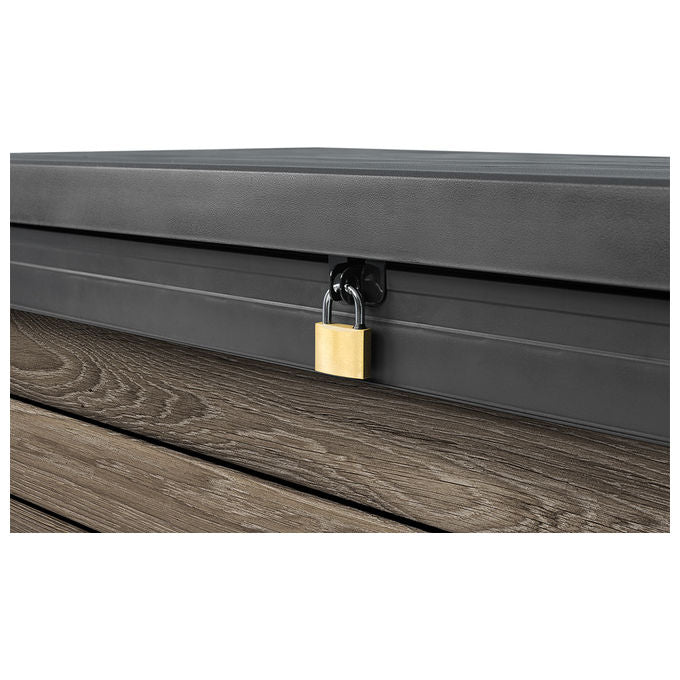 Keter 259133 Deco 100G Baule da Giardino Capacita' 380 Litri Apertura con Pistoni Seduta per Due Adulti Finitura Effetto Legno colore Noce
