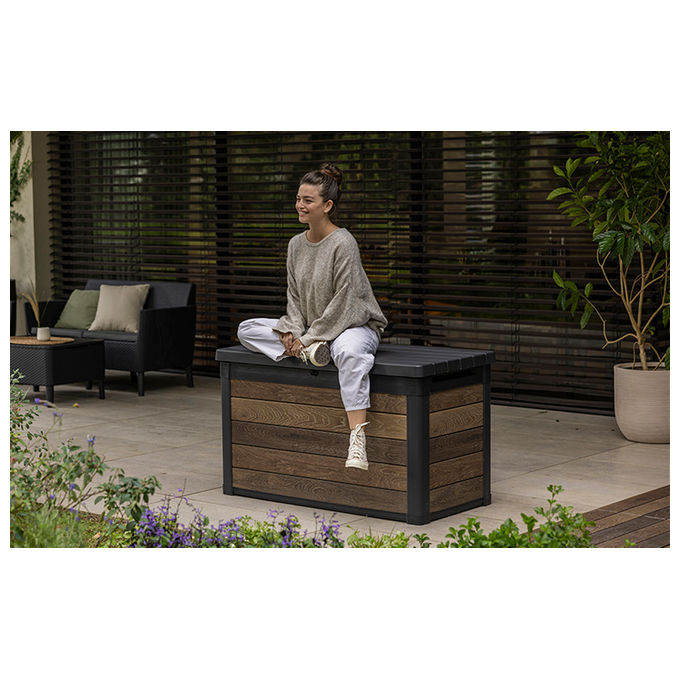 Keter 261927 Deco Box 150G Baule da Giardino con Seduta 570L Chiusura Lucchettabile Resistente UV colore Noce