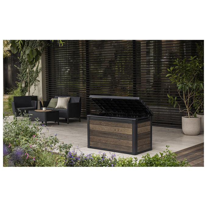 Keter 261927 Deco Box 150G Baule da Giardino con Seduta 570L Chiusura Lucchettabile Resistente UV colore Noce