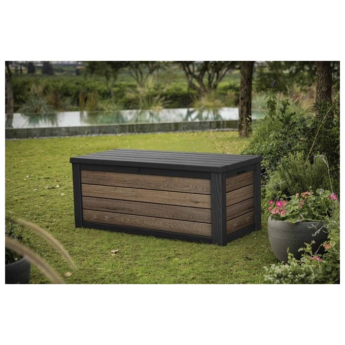 Keter 261927 Deco Box 150G Baule da Giardino con Seduta 570L Chiusura Lucchettabile Resistente UV colore Noce