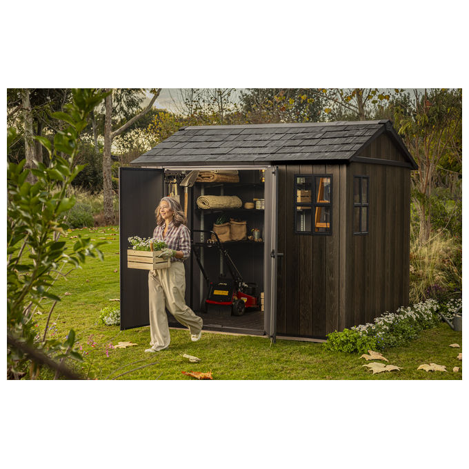Keter 263097 Signature Apex Casetta da Giardino in Resina 5.25 m² 287x230x246 cm resistenza vento 145 Km-h neve 150 Kg-m² colore Noce