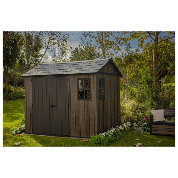 Keter 263097 Signature Apex Casetta da Giardino in Resina 5.25 m² 287x230x246 cm resistenza vento 145 Km-h neve 150 Kg-m² colore Noce
