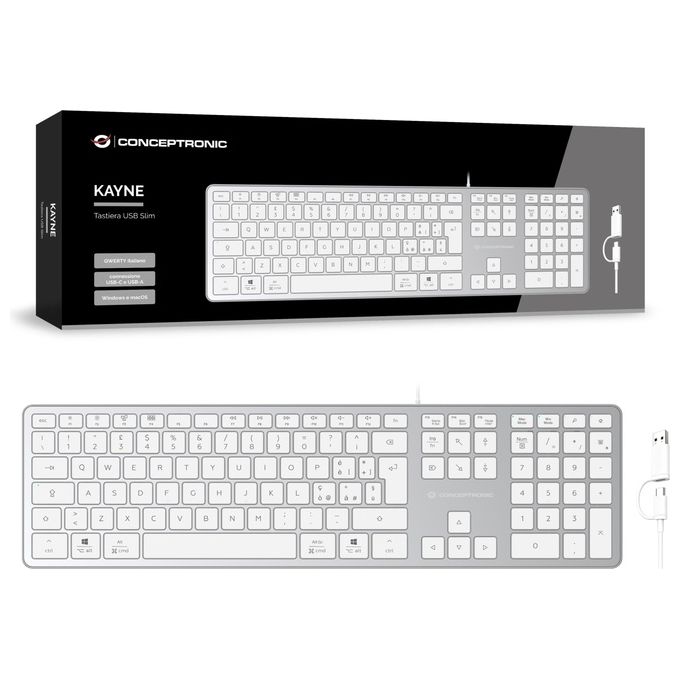 Conceptronic KAYNE02WIT Tastiera USB slim connessione USB-A USB-C layout IT colore Bianco