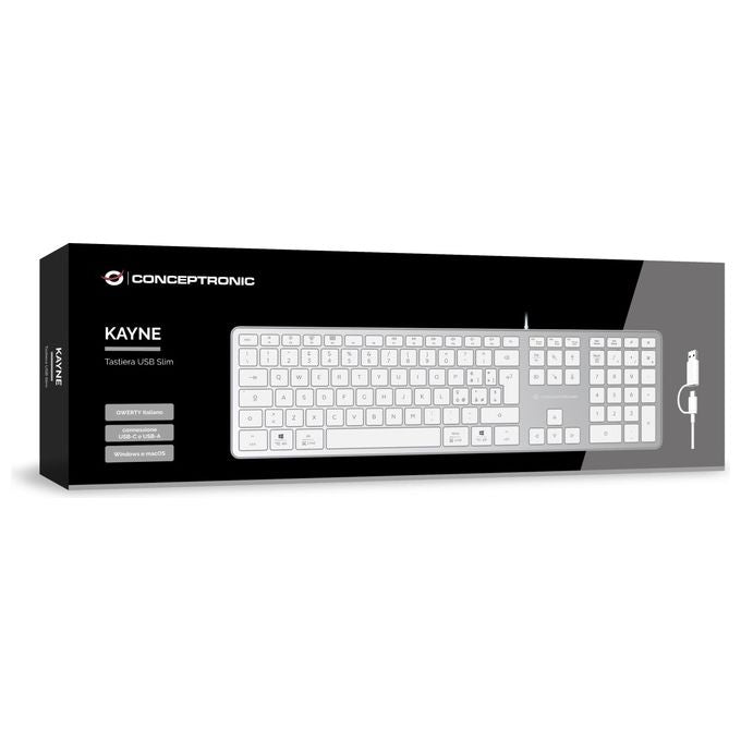 Conceptronic KAYNE02WIT Tastiera USB slim connessione USB-A USB-C layout IT colore Bianco
