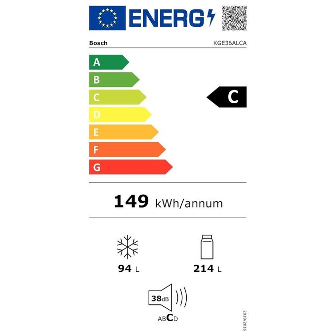Bosch KGE36ALCA Frigorifero Combinato Capacita' 312 Litri Classe energetica C Low Frost Tecnologia inverter intelligente 186 cm Inox