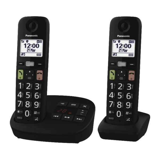 Panasonic KX-TGU132EXB Telefono Cordless Digitale con Segreteria Nera 2 Ricevitori Tasti Grandi EAC