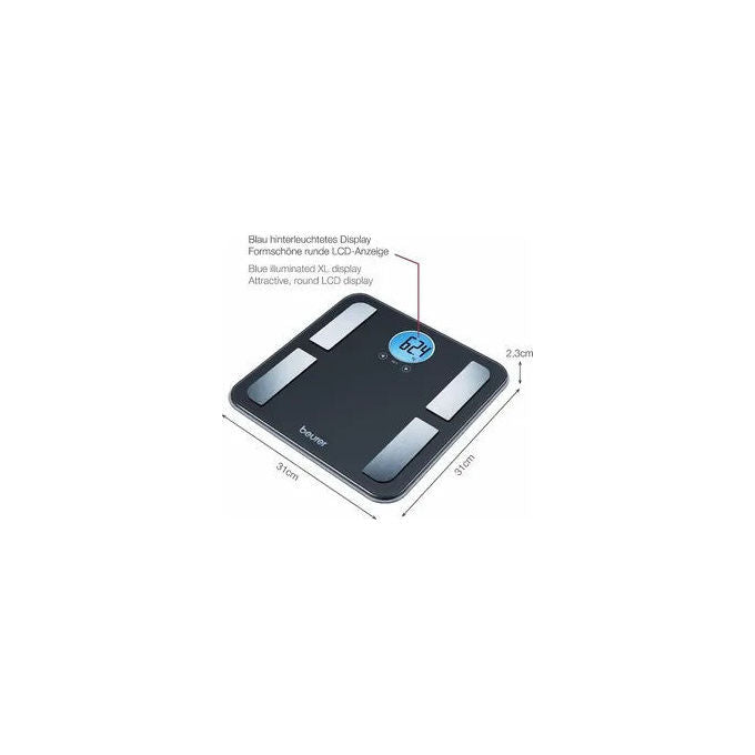 Beurer BF 195 Bilancia pesapersone digitale portata 180 kg precisione 100 g display LCD retroilluminato blu funzioni: analisi corporea (massa grassa acqua muscoli ossa) memoria 10 utenti