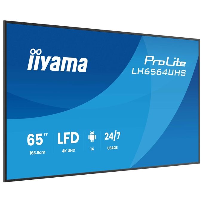 Iiyama ProLite LH6564UHS-B1AG, display segnaletica digitale 65'', 4K UHD, Android 14, 500 cd-m², Wi-Fi, 24-7, nero
