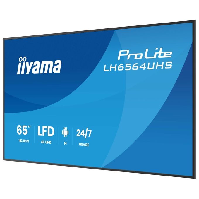 Iiyama ProLite LH6564UHS-B1AG, display segnaletica digitale 65'', 4K UHD, Android 14, 500 cd-m², Wi-Fi, 24-7, nero