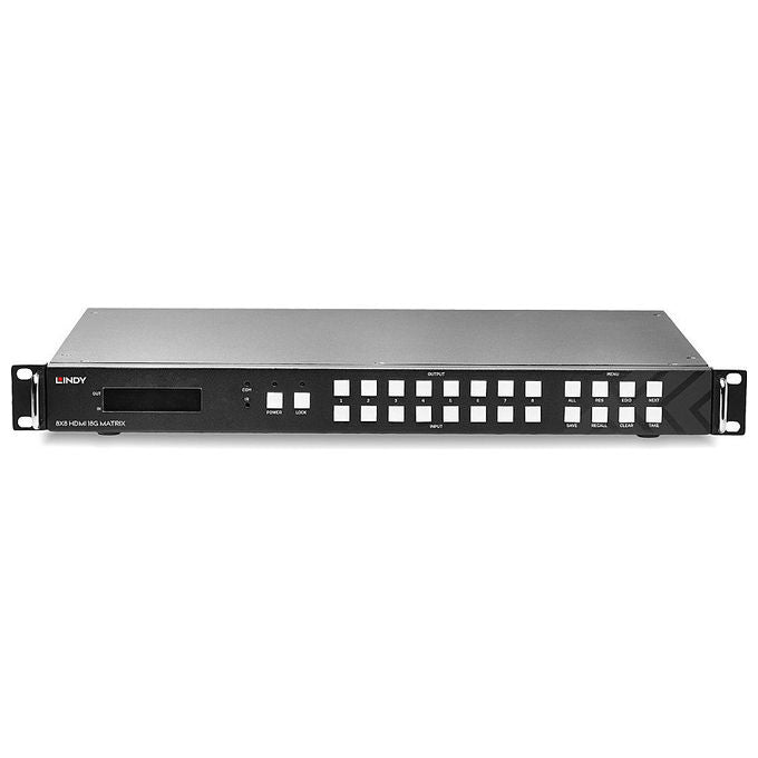 Lindy switch matrice HDMI 8x8, 4K 60Hz, video wall seamless, scaler integrato, HDMI 2.0, HDR, controllo LAN RS-232, rack 19''